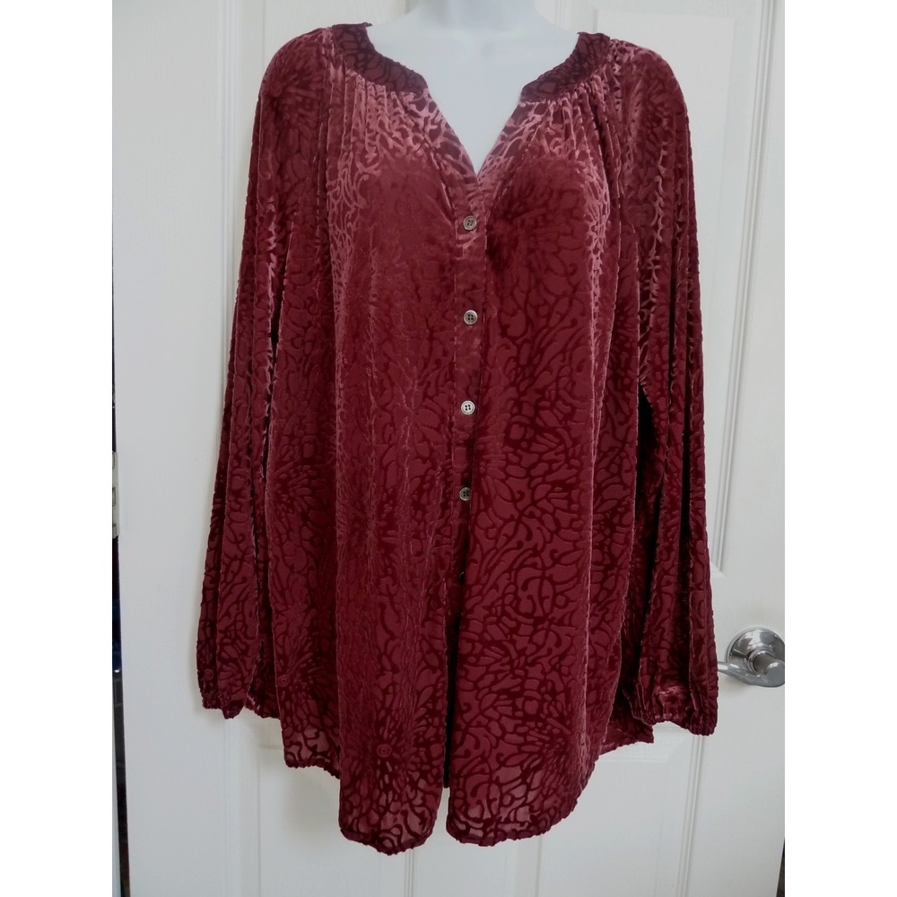 *INTRO Sz XL Velvet Burn-Out Blouse Burgundy Goth Witchy Victorian Button-Up*